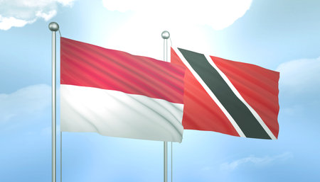 3D Flag of Indonesia and Trinidad Tobago on Blue Sky with Sun Shineの写真素材