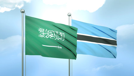 3D Flag of Saudi Arabia and Botswana on Blue Sky with Sun Shineの写真素材