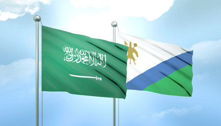 3D Flag of Saudi Arabia and Lesotho on Blue Sky with Sun Shineの写真素材