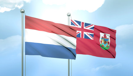 3D Flag of Netherlands and Bermuda on Blue Sky with Sun Shineの写真素材