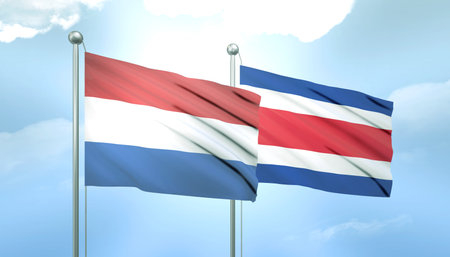 3D Flag of Netherlands and Costa Rica on Blue Sky with Sun Shineの写真素材