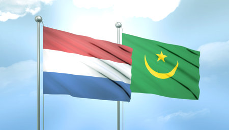3D Flag of Netherlands and Mauritania on Blue Sky with Sun Shineの写真素材