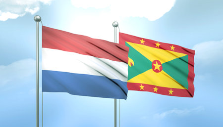 3D Flag of Netherlands and Grenada on Blue Sky with Sun Shineの写真素材