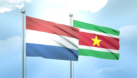 3D Flag of Netherlands and Suriname on Blue Sky with Sun Shineの写真素材