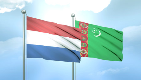 3D Flag of Netherlands and Turkmenistan on Blue Sky with Sun Shineの写真素材