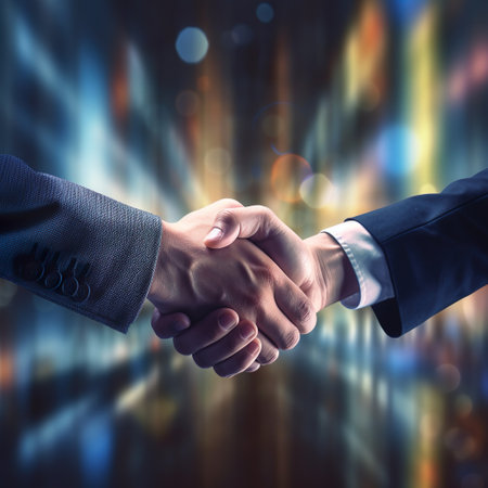 Close up of business people shaking hands on abstract background. Teamwork conceptの素材
