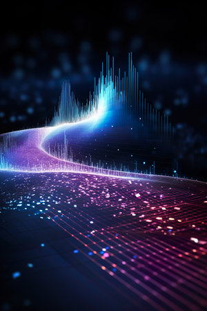 Futuristic technology wave background with glowing lines and bokehの素材