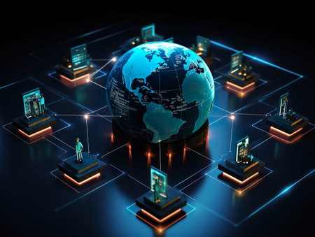 Globe and icons of the Internet on a dark background. 3d renderingの素材