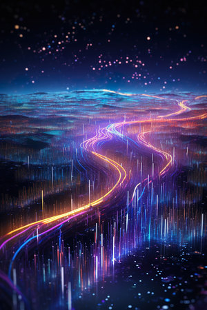 Futuristic technology wave background with glowing lines and bokehの素材