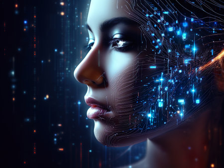 3d rendering of a female cyborg head with circuit board backgroundの素材