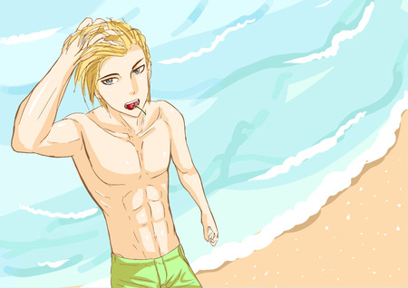sexy man cartoon anime on beach vacation and holiday vector conceptのイラスト素材
