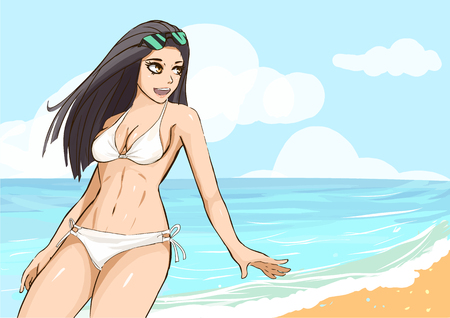 sexy bikini girl cartoon anime on beach vacation and holiday vector conceptのイラスト素材