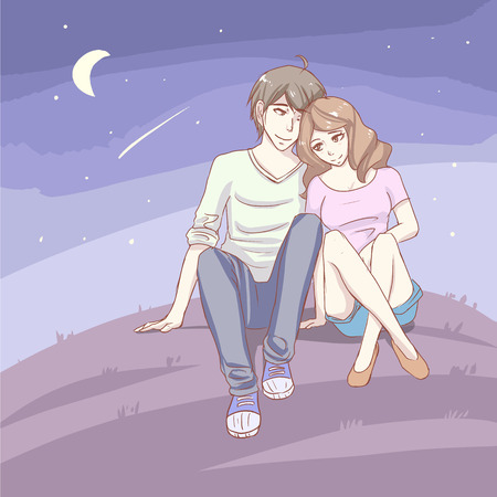 couple in love sitting together lay head on each other grass at romantic night with stars and moon in cartoon anime style  vectorのイラスト素材