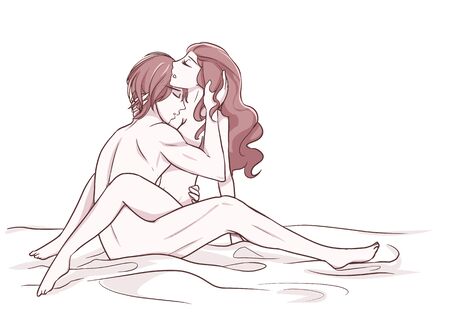 couple in bed cuddle having sex or make love in lotus position sweet sensual erotic concept drawing pink pastelのイラスト素材