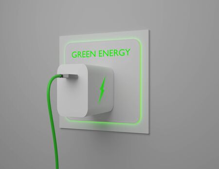 Green energy concept of a glowing electrical socket with phone charger. 3D render.