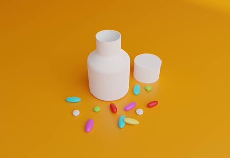 White pill container with colorful pills on a orange background. Rendered in 3dの写真素材