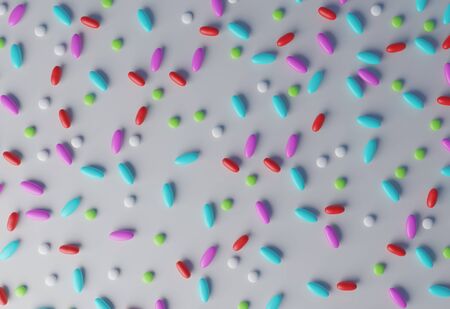 colorful pills and tablets on gray background. rendered in 3d.の写真素材