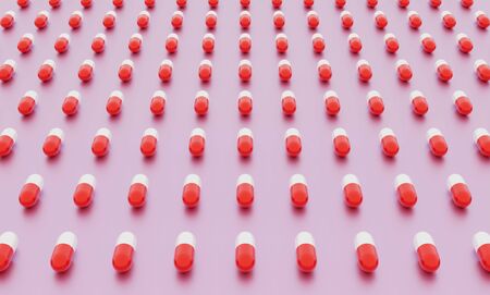 a lot of red and white pills on a pink background. rendered in 3d.