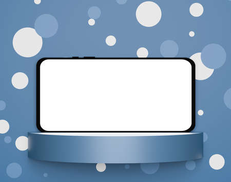 smartphone mockup with white blank screen lying horizontal on a pedestal. Phone with blank screen...
