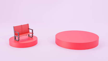 red park bench and red product presentation round platform. isolated on a pink background. 3d renderの写真素材