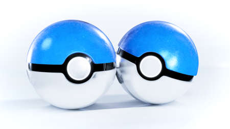 Warsaw | Poland - February 10 2021: Realistic blue pokeballs isolated on a white background. 3D illustration.のeditorial素材