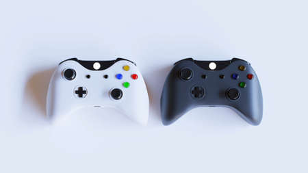 two video game controllers. gamepads on a white background. Black and white joysticks. 3d render.