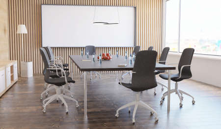 conference room interior with wooden walls. 3D Rendering.