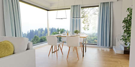 open living room with table and large window during the day. 3d render.の写真素材