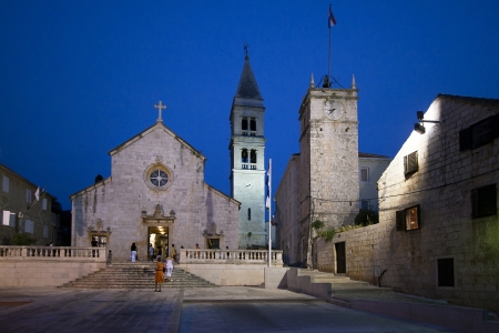 Night view of Parish Church of the Blessed Virgin Mary in Supetar on Brac island, Croatiaの写真素材