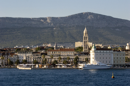 Split, view on south part of old town, behind sea and boats are Diocletian's palace and St Domnius cathedralのeditorial素材