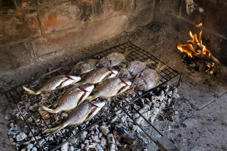 Delicious adriatic sea fish baking on grillの写真素材