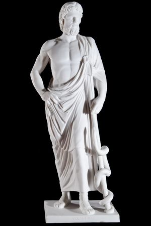 White marble classic statue of Asclepius isolated on black background