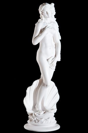 Classic white marble statue The Birth of Venus isolated on black backgroundの写真素材