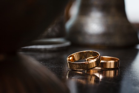 Beautiful wedding rings on blurry background macroの写真素材