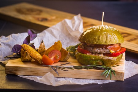 Concept: healthy food. Gourmet homemade burger with garnish and ingredients on the dark background.の写真素材