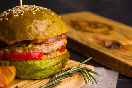Concept: healthy food. Gourmet homemade burger with garnish and ingredients on the dark background.の写真素材