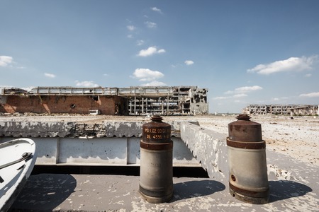 Wide Angle view of donetsk airport ruins after massive artillery shellingの写真素材