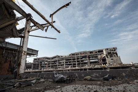 Wide Angle view of donetsk airport ruins after massive artillery shellingの写真素材