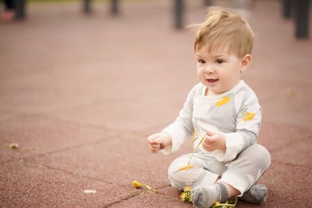 Concept: family values. Portrait of adorable innocent funny brown-eyed baby playing at outdoor playground.の写真素材