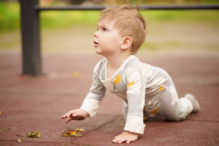 Concept: family values. Portrait of adorable innocent funny brown-eyed baby playing at outdoor playground.の写真素材