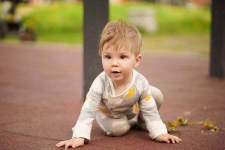 Concept: family values. Portrait of adorable innocent funny brown-eyed baby playing at outdoor playground.の写真素材