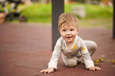 Concept: family values. Portrait of adorable innocent funny brown-eyed baby playing at outdoor playground.の写真素材