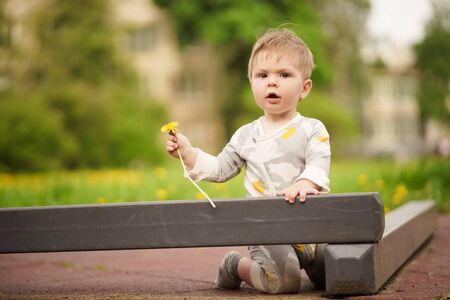 Concept: family values. Portrait of adorable innocent funny brown-eyed baby playing at outdoor playground.の写真素材
