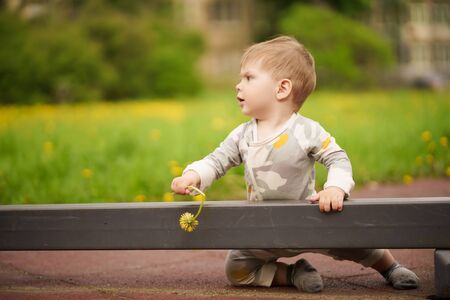 Concept: family values. Portrait of adorable innocent funny brown-eyed baby playing at outdoor playground.の写真素材