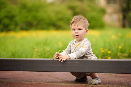 Concept: family values. Portrait of adorable innocent funny brown-eyed baby playing at outdoor playground.の写真素材