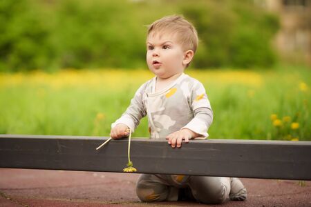 Concept: family values. Portrait of adorable innocent funny brown-eyed baby playing at outdoor playground.の写真素材