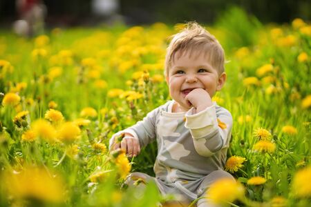 Concept: family values. Portrait of adorable innocent brown-eyed baby play outdoor in the sunny dandelions field and making funny faces.の写真素材