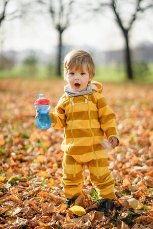 Concept: family, kids. Happy little child, baby boy with water bottle laughing and playing in the autumn on the nature walk outdoors at parkの写真素材