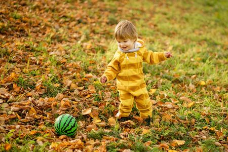 Concept: family, kids. Happy little child, baby boy laughing and playing with green ball in the autumn on the nature walk outdoors at parkの写真素材