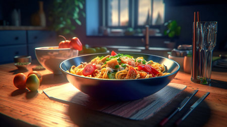 Delicious Delight: A Mouthwatering Meal on the Table. Generative AIの素材